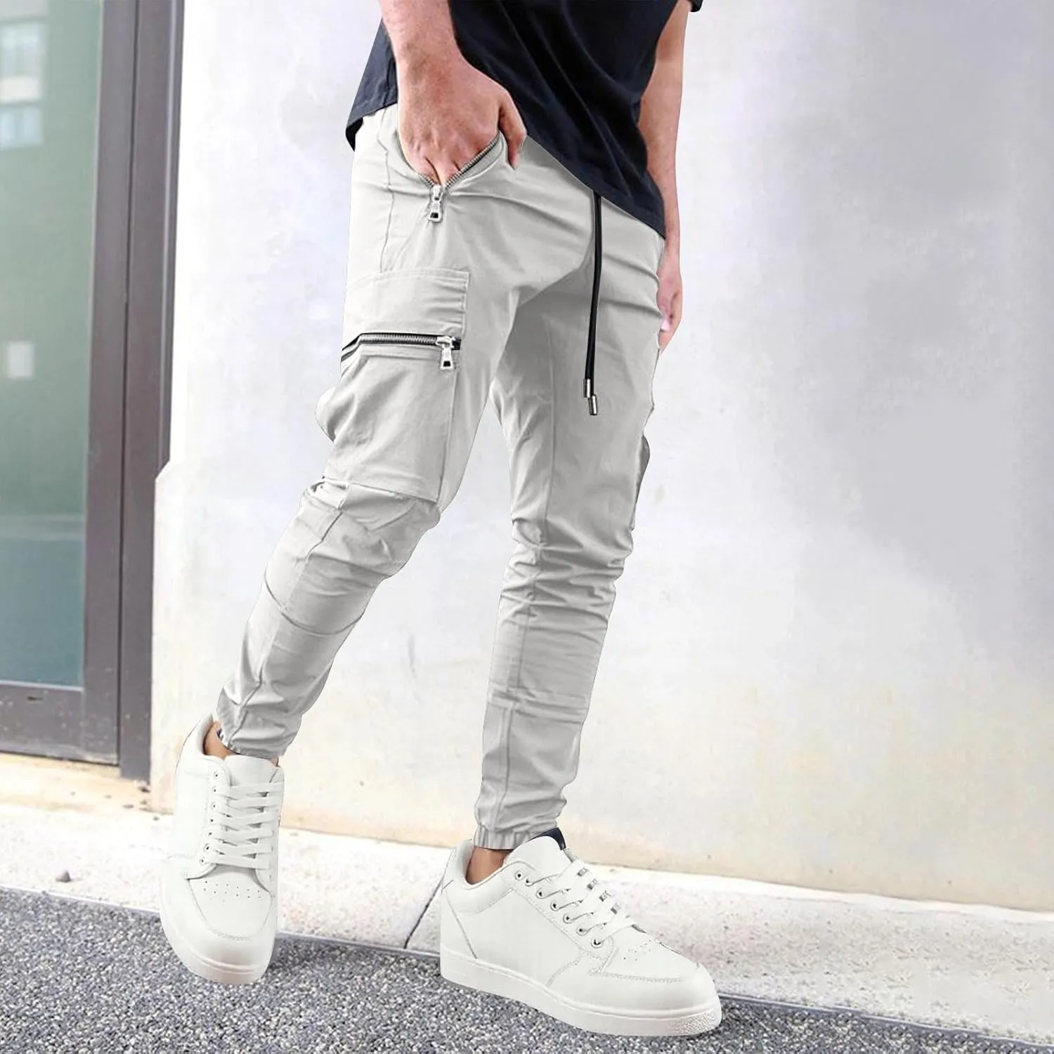 Sinzelimin Men Cargo Pants Fashion Drawstring Zipper Pockets Workwear Fishing Trouser Stretch Slim Fit Full Length Sweatpant