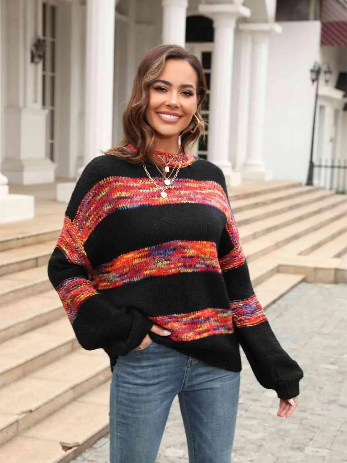 Snug In Style Striped Cable Knit Sweater
