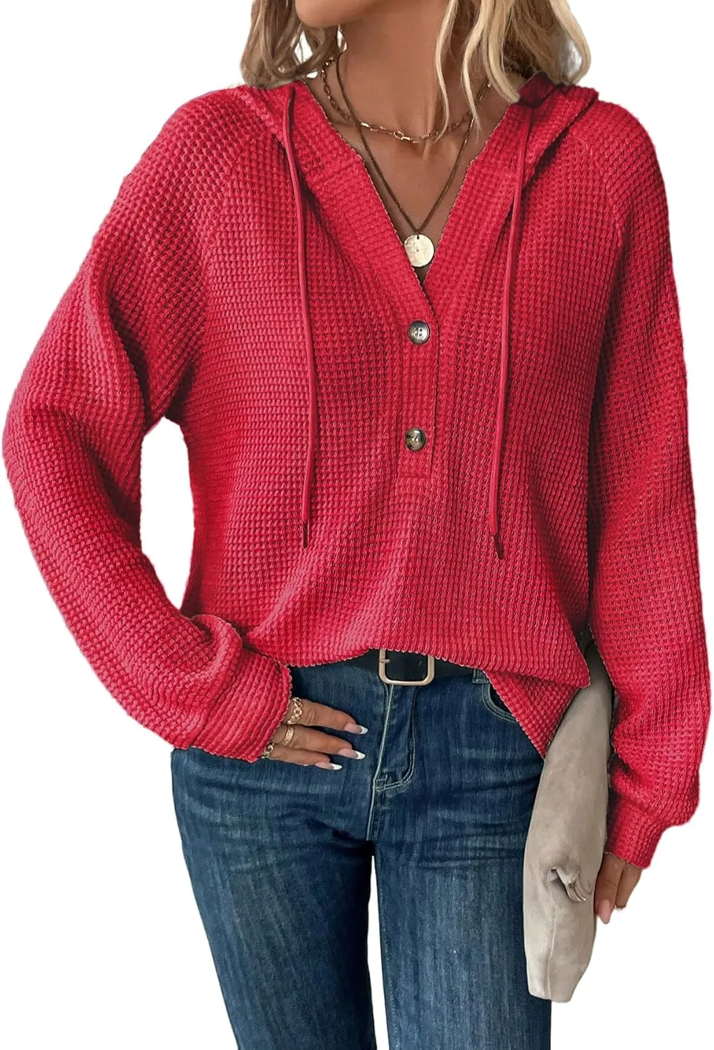 SOLY HUX Women's Oversized Sweatshirts Waffle Knit Hoodies Trendy Casual V Neck Button Pullover Hooded Tops
