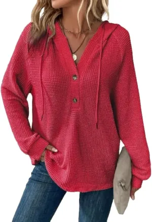 SOLY HUX Women's Oversized Sweatshirts Waffle Knit Hoodies Trendy Casual V Neck Button Pullover Hooded Tops