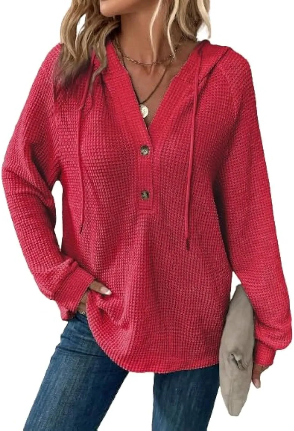 SOLY HUX Women's Oversized Sweatshirts Waffle Knit Hoodies Trendy Casual V Neck Button Pullover Hooded Tops