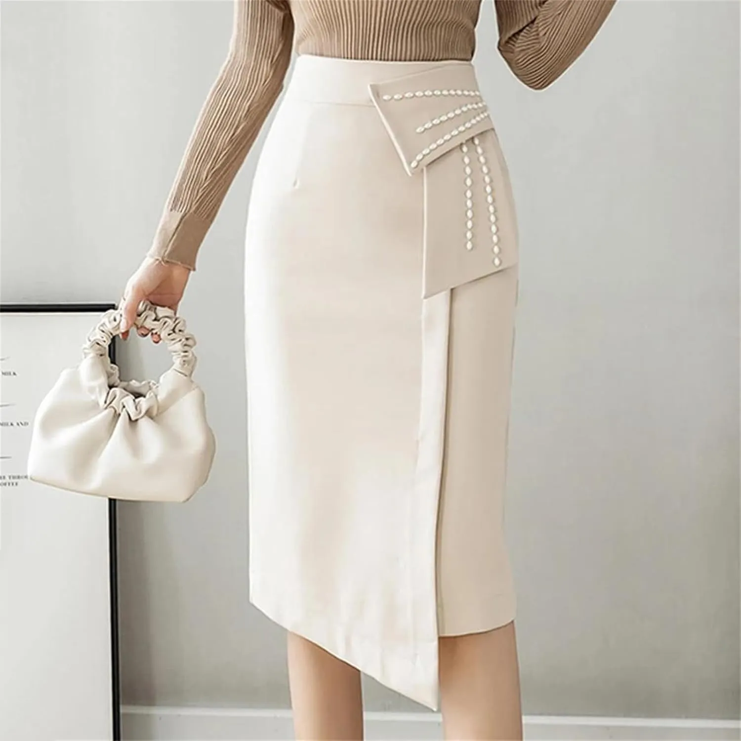 Spring Elegant Beading High Waist Skirts Women Office Lady Wrap Hip Midi Skirt