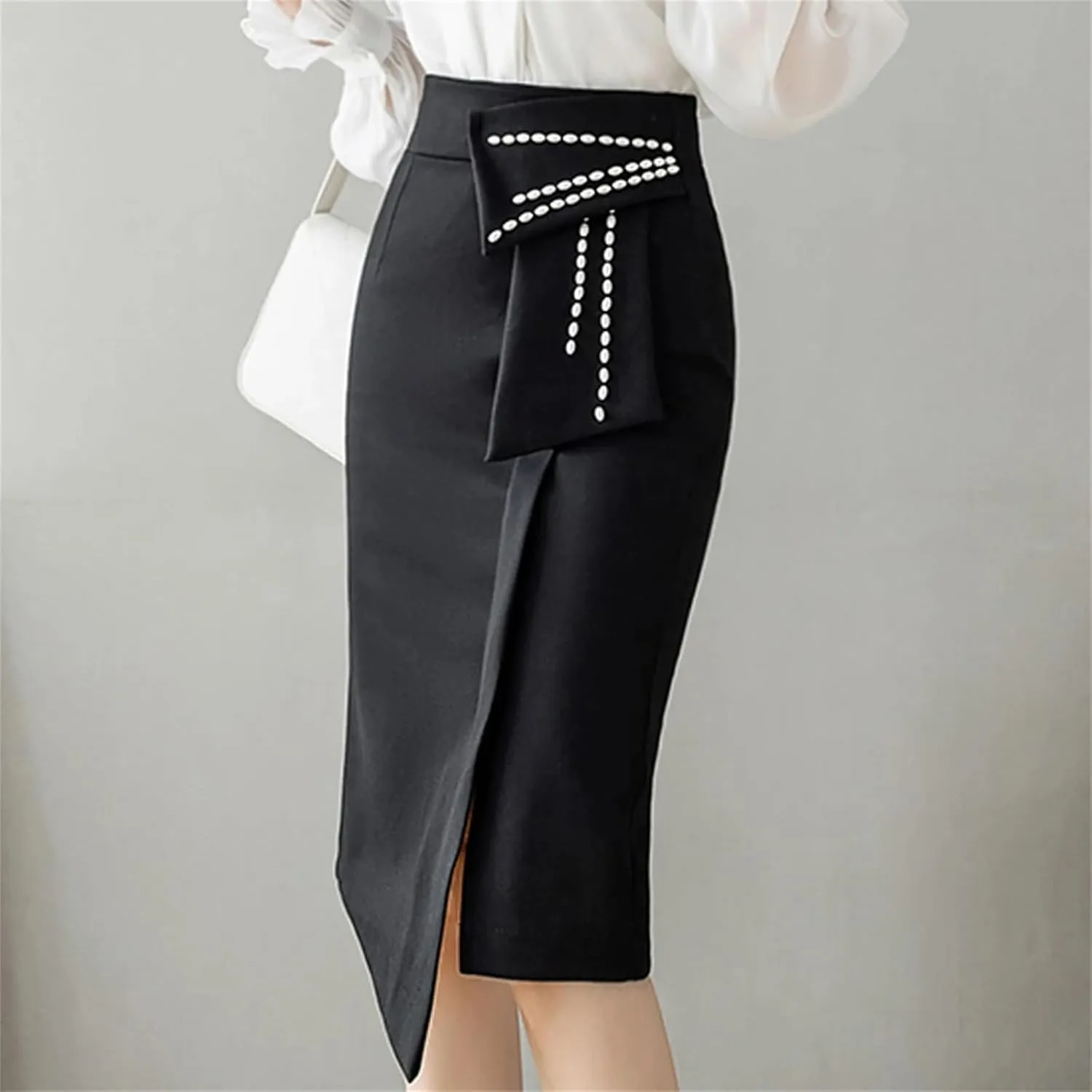 Spring Elegant Beading High Waist Skirts Women Office Lady Wrap Hip Midi Skirt