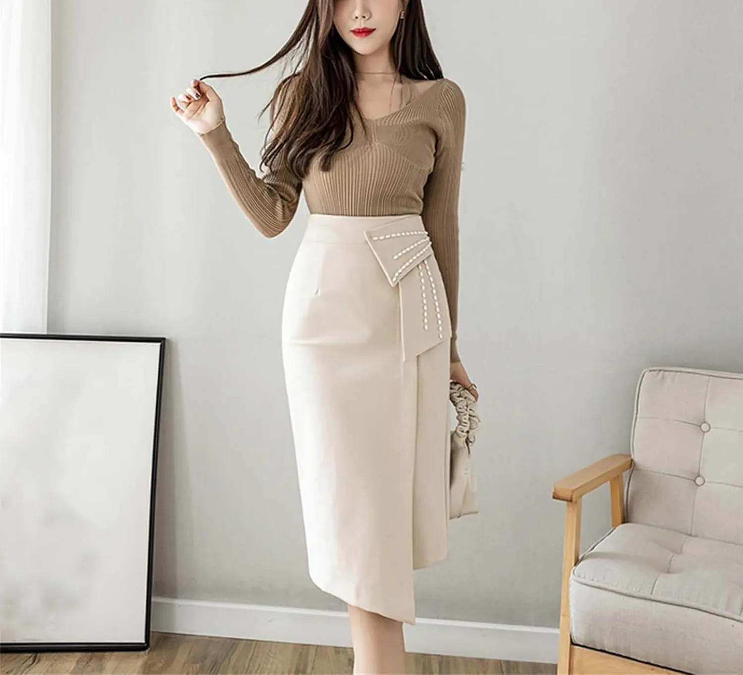 Spring Elegant Beading High Waist Skirts Women Office Lady Wrap Hip Midi Skirt