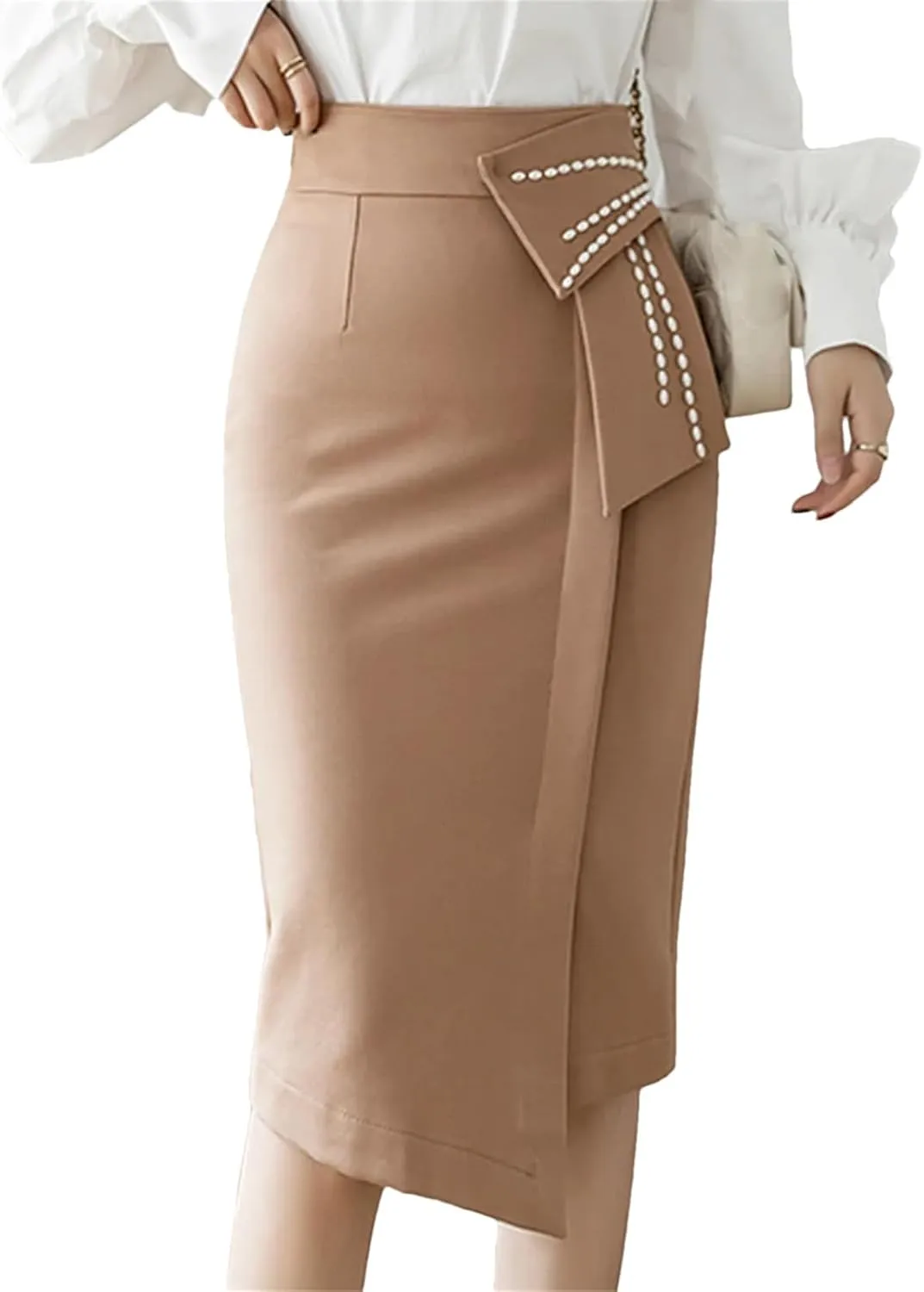 Spring Elegant Beading High Waist Skirts Women Office Lady Wrap Hip Midi Skirt