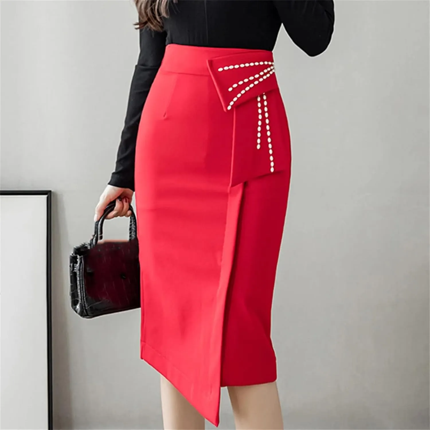 Spring Elegant Beading High Waist Skirts Women Office Lady Wrap Hip Midi Skirt