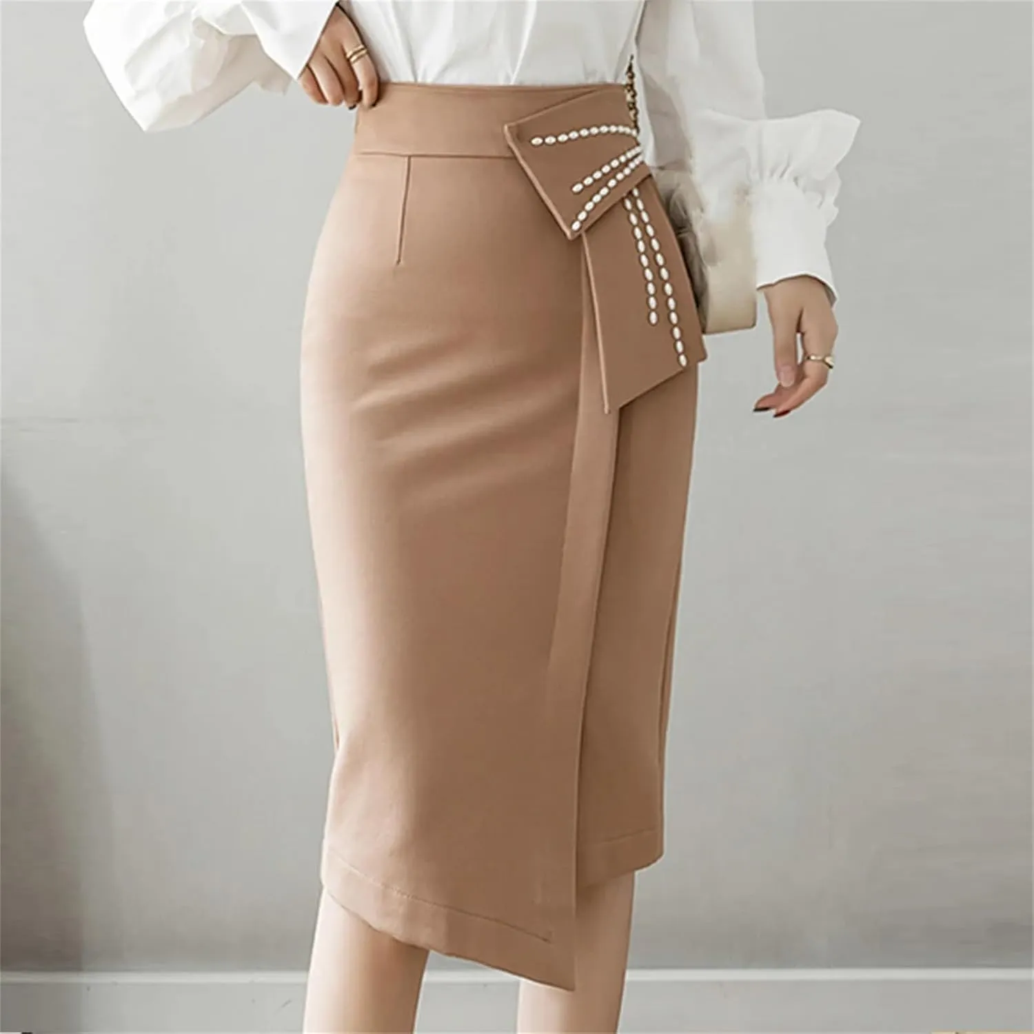 Spring Elegant Beading High Waist Skirts Women Office Lady Wrap Hip Midi Skirt