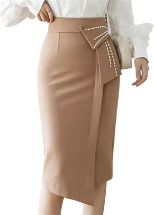 Spring Elegant Beading High Waist Skirts Women Office Lady Wrap Hip Midi Skirt