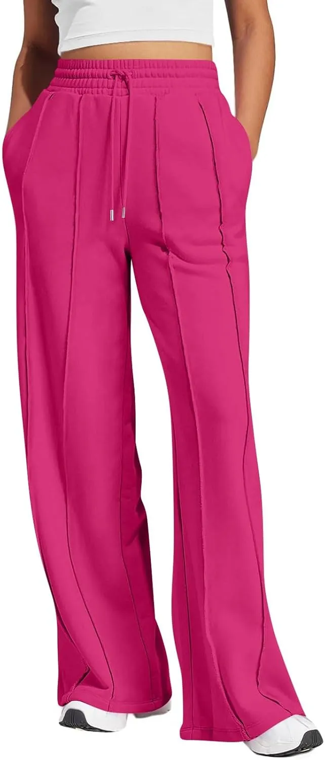 Straight Leg Sweatpants Women Baggy High Rise Elastic Waist Workout Pants with Pockets Stretchy Athletic Pants