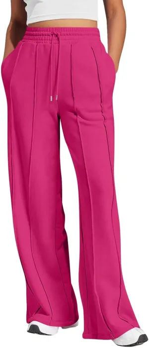 Straight Leg Sweatpants Women Baggy High Rise Elastic Waist Workout Pants with Pockets Stretchy Athletic Pants