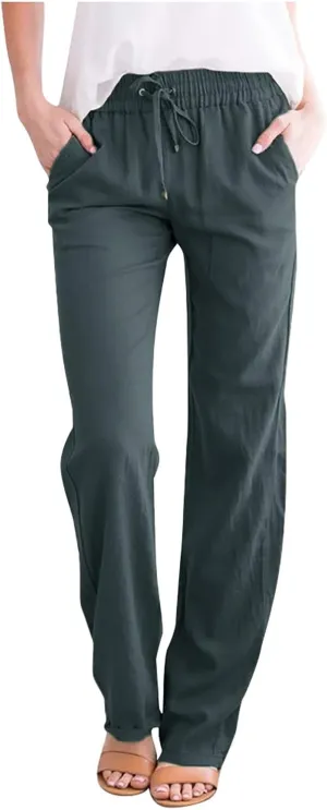 Summer Beach Linen Pants for Women Casual Drawstring Elastic Waist Pants Wide Leg Trousers with Pockets