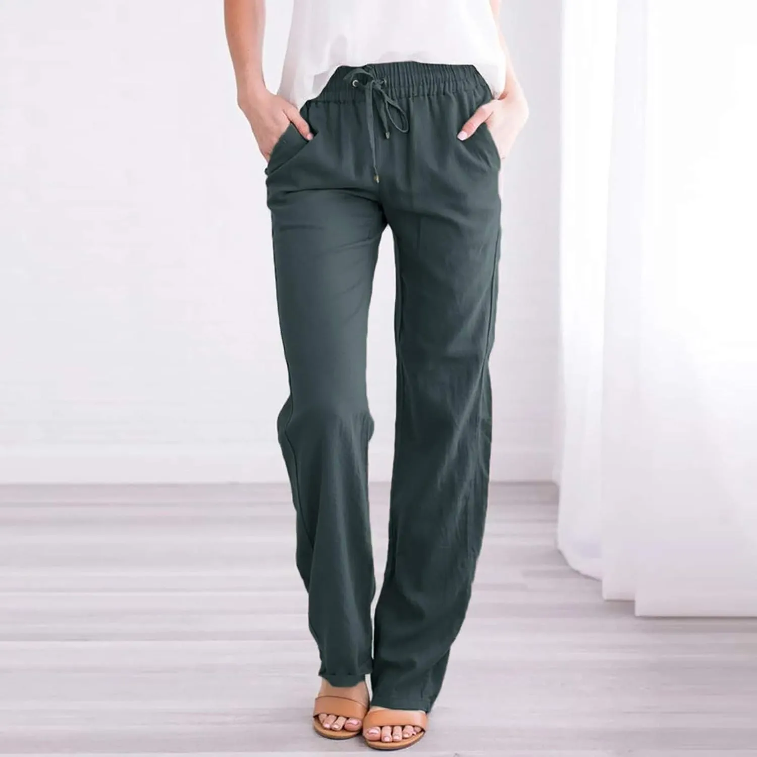 Summer Beach Linen Pants for Women Casual Drawstring Elastic Waist Pants Wide Leg Trousers with Pockets