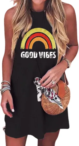 Sun Salt Sand Coconut Tree Tank Mini Dress for Women Casual Loose Sleeveless Beach Praty Shirts Summer Vacation Short Dress