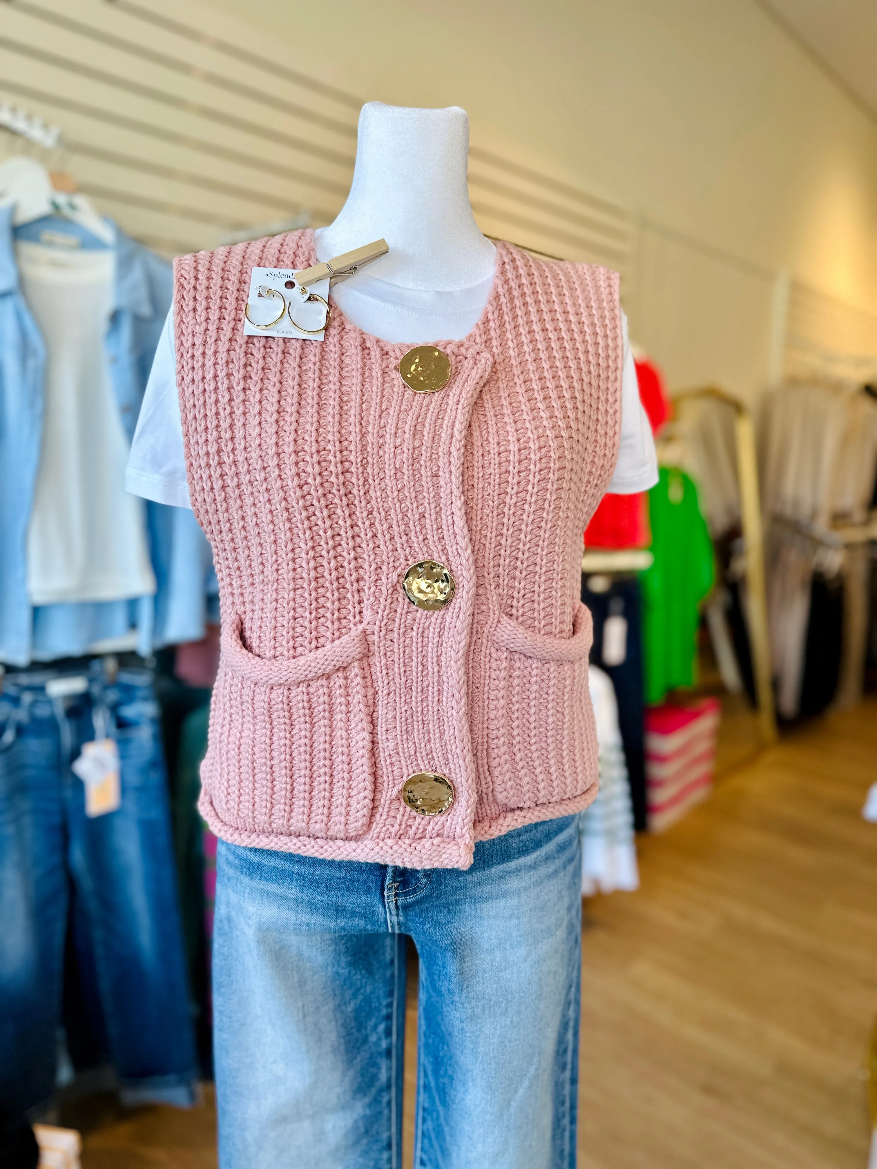 Sweater Vest Gold Buttons - Blush