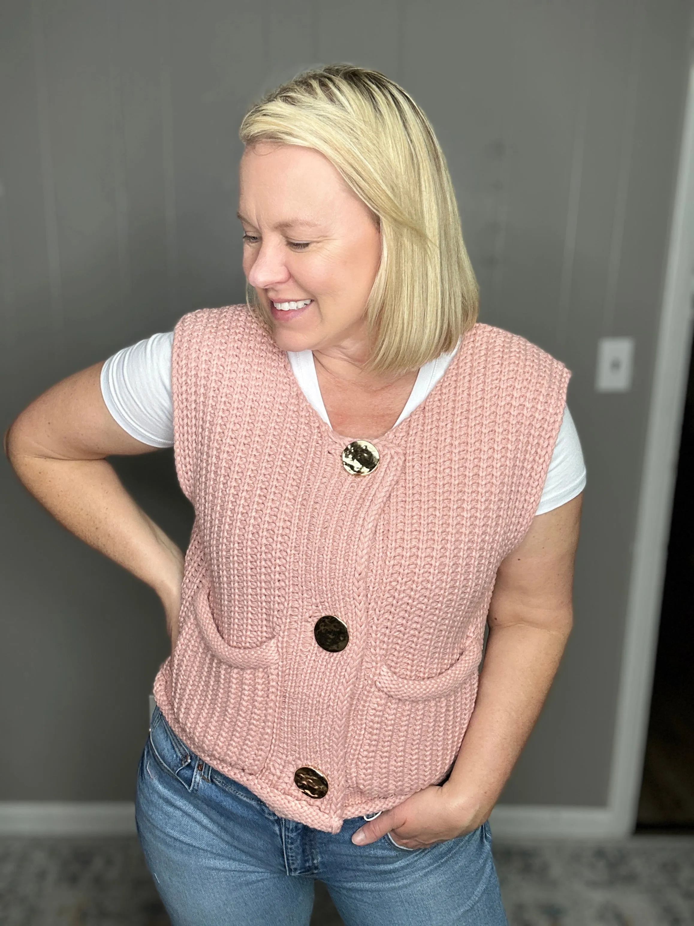 Sweater Vest Gold Buttons - Blush