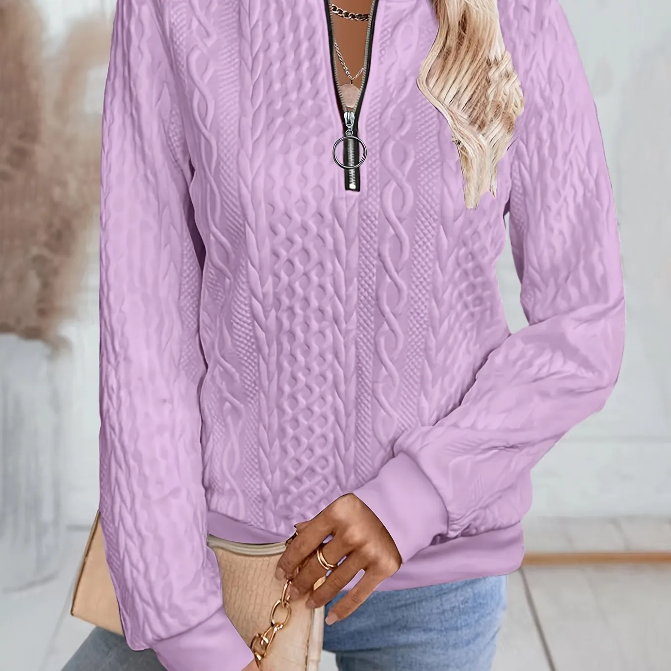 Textured Zipper Sweatshirt, Casual Long Sleeve for Fall & Winter.