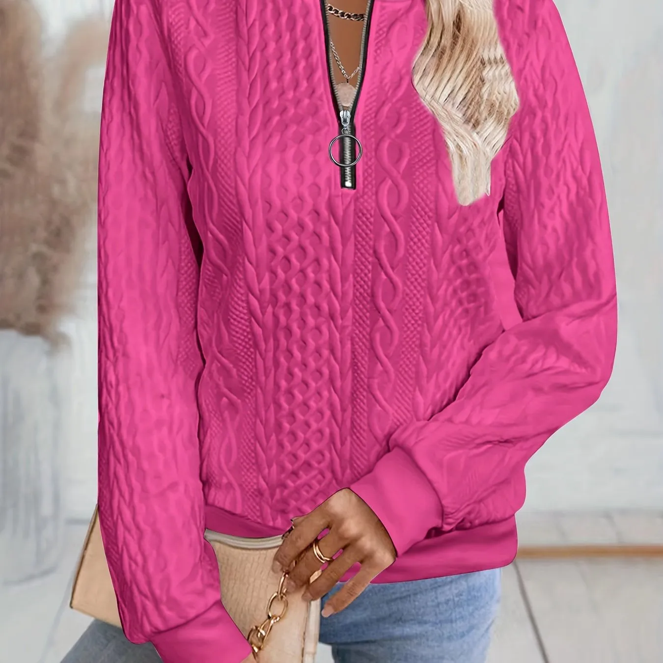 Textured Zipper Sweatshirt, Casual Long Sleeve for Fall & Winter.