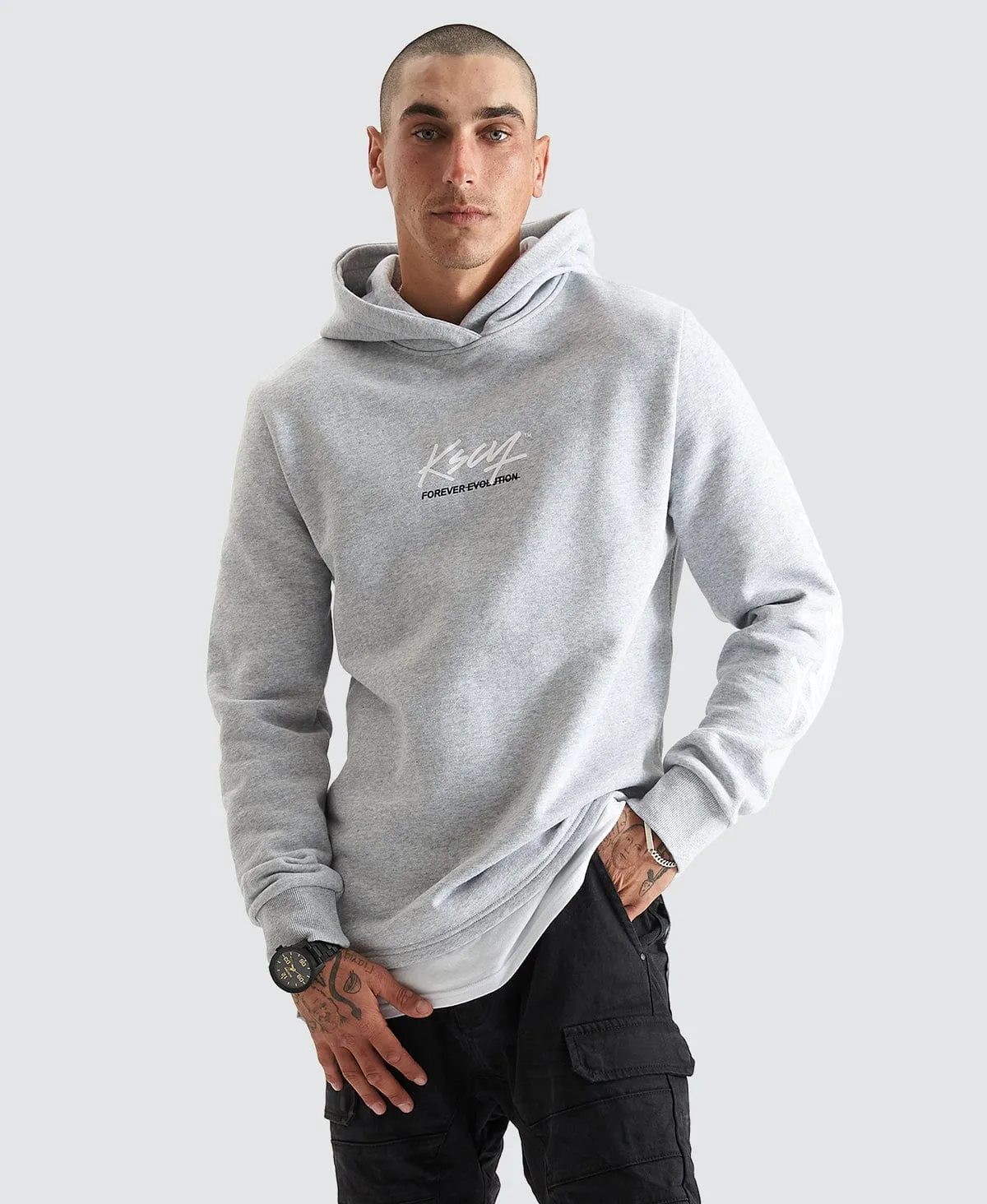 Trevor Hooded Layered Dual Curved Sweater Grey Marle