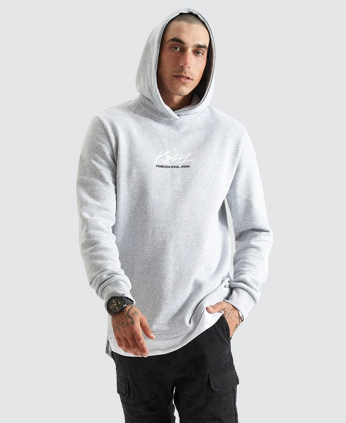 Trevor Hooded Layered Dual Curved Sweater Grey Marle