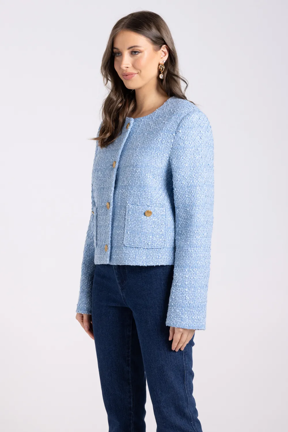 Two T's Crop Boucle Jacket Powder Blue