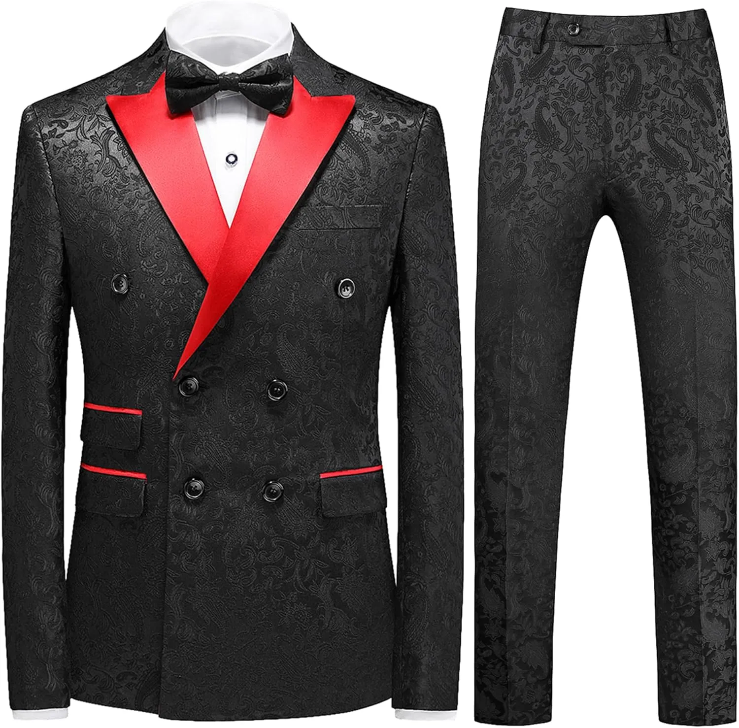 UNINUKOO Mens Suit 3 Piece Tuxedo for Men Paisley Floral Peak Lapel Double Breasted Blazer Vest Pants Set