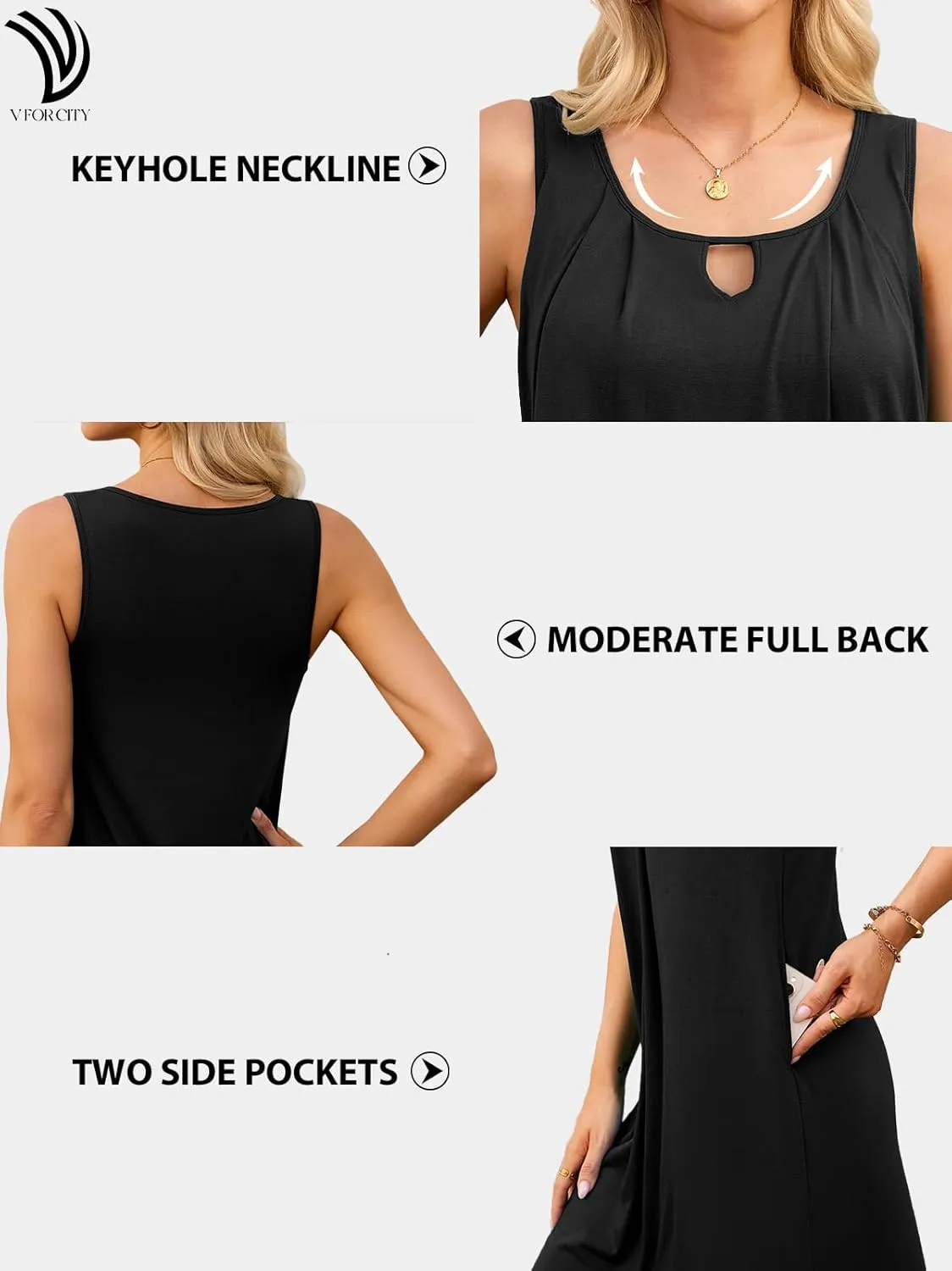 V FOR CITY Women's Summer Dress with Built-in Bra Pockets Sleeveless Pleated Sundress Loose Work Casual Tank Dresses