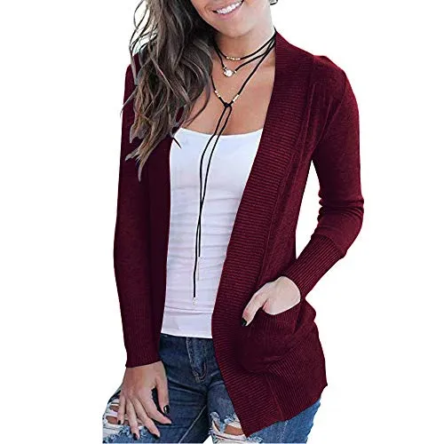 VOIANLIMO Women's Open Front Long Sleeve Knit Lightweight Soft Classic Burgundy Cardigans Sweaters with Pockets L Size