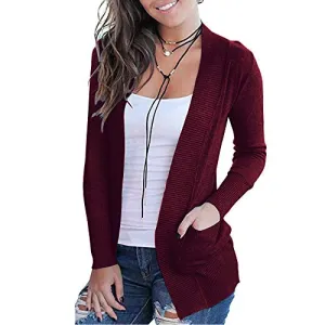 VOIANLIMO Women's Open Front Long Sleeve Knit Lightweight Soft Classic Burgundy Cardigans Sweaters with Pockets L Size