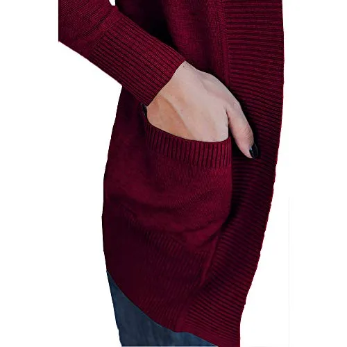 VOIANLIMO Women's Open Front Long Sleeve Knit Lightweight Soft Classic Burgundy Cardigans Sweaters with Pockets L Size