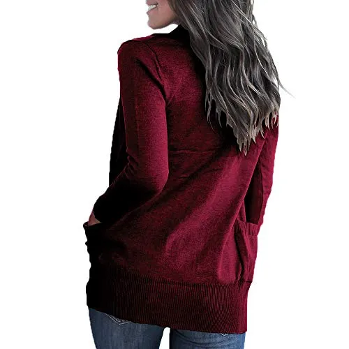 VOIANLIMO Women's Open Front Long Sleeve Knit Lightweight Soft Classic Burgundy Cardigans Sweaters with Pockets L Size