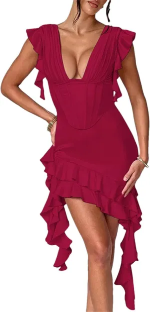 Women Deep V Neck Backless Draped Ruffle Mini Sleeveless Bodycon Club Party Elegant Dress
