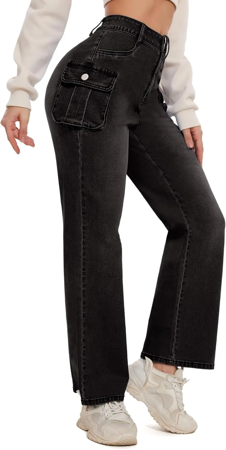 Women Denim Sweatpant Cargo Jeans High Waist Flap Pocket Casual Full-Length Wide Leg Pants Baggy Faux Jeans