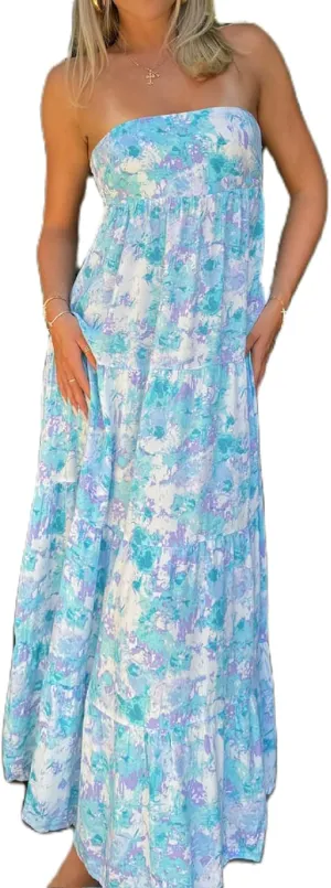 Women Floral Print Maxi Tube Dress Strapless Flowy Long Bandeau Dress Y2K Open Back Sundress Summer Beachwear
