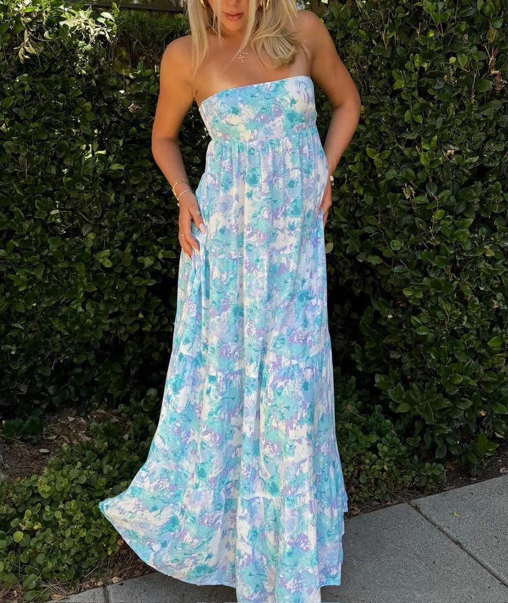 Women Floral Print Maxi Tube Dress Strapless Flowy Long Bandeau Dress Y2K Open Back Sundress Summer Beachwear