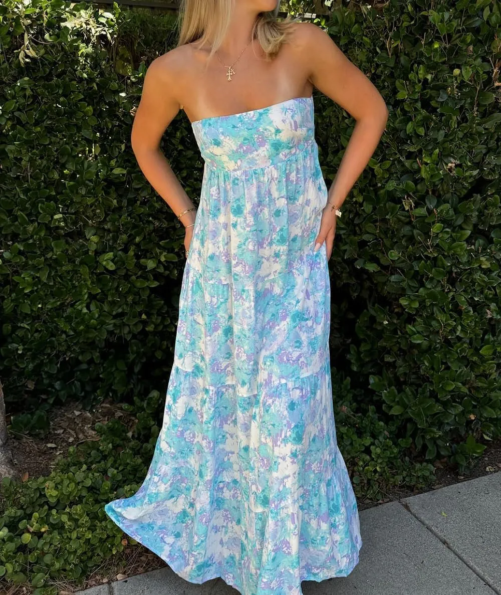 Women Floral Print Maxi Tube Dress Strapless Flowy Long Bandeau Dress Y2K Open Back Sundress Summer Beachwear