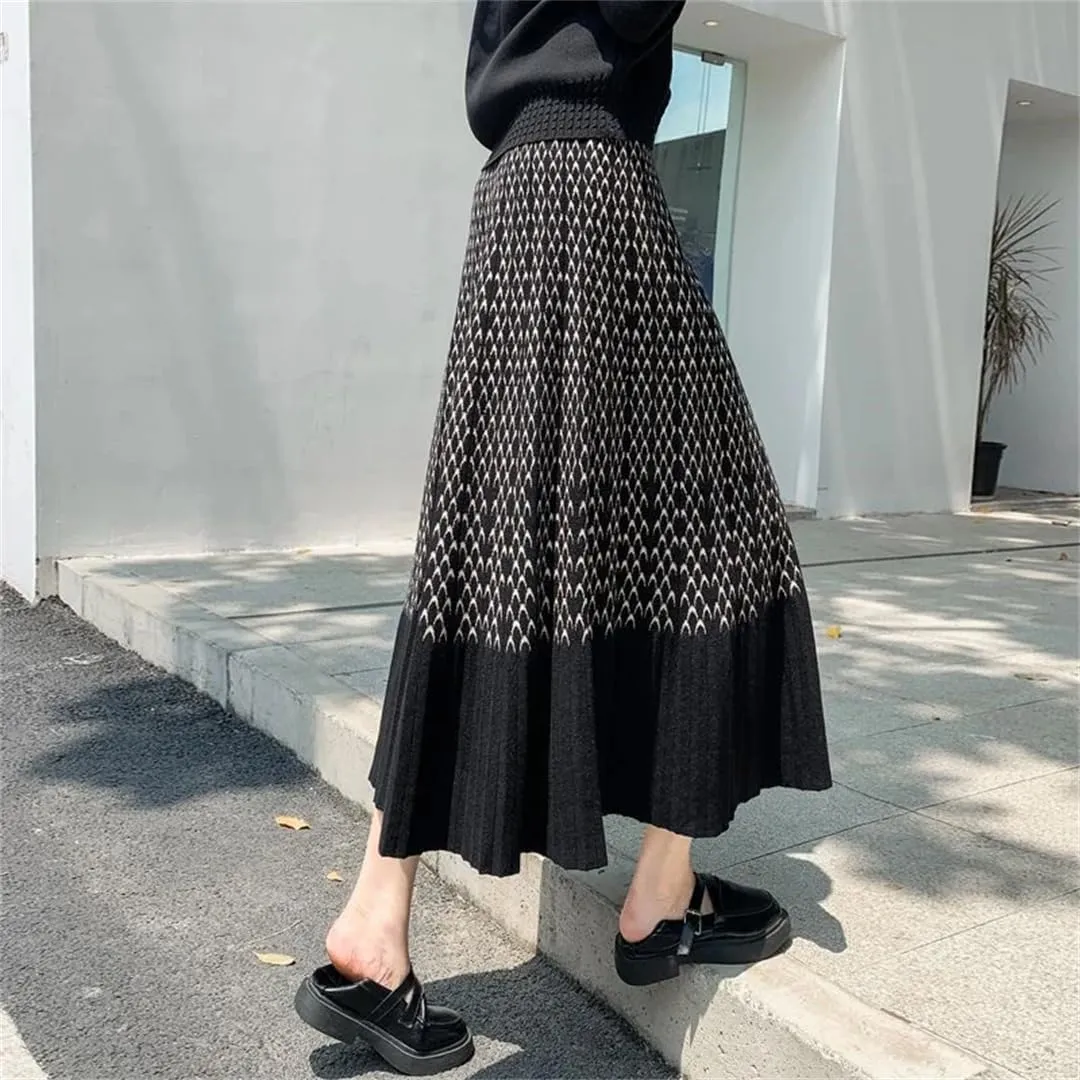 Women High Waist Knitted Midi Skirt Pleated Elegant Plaid Skirts Beige Black