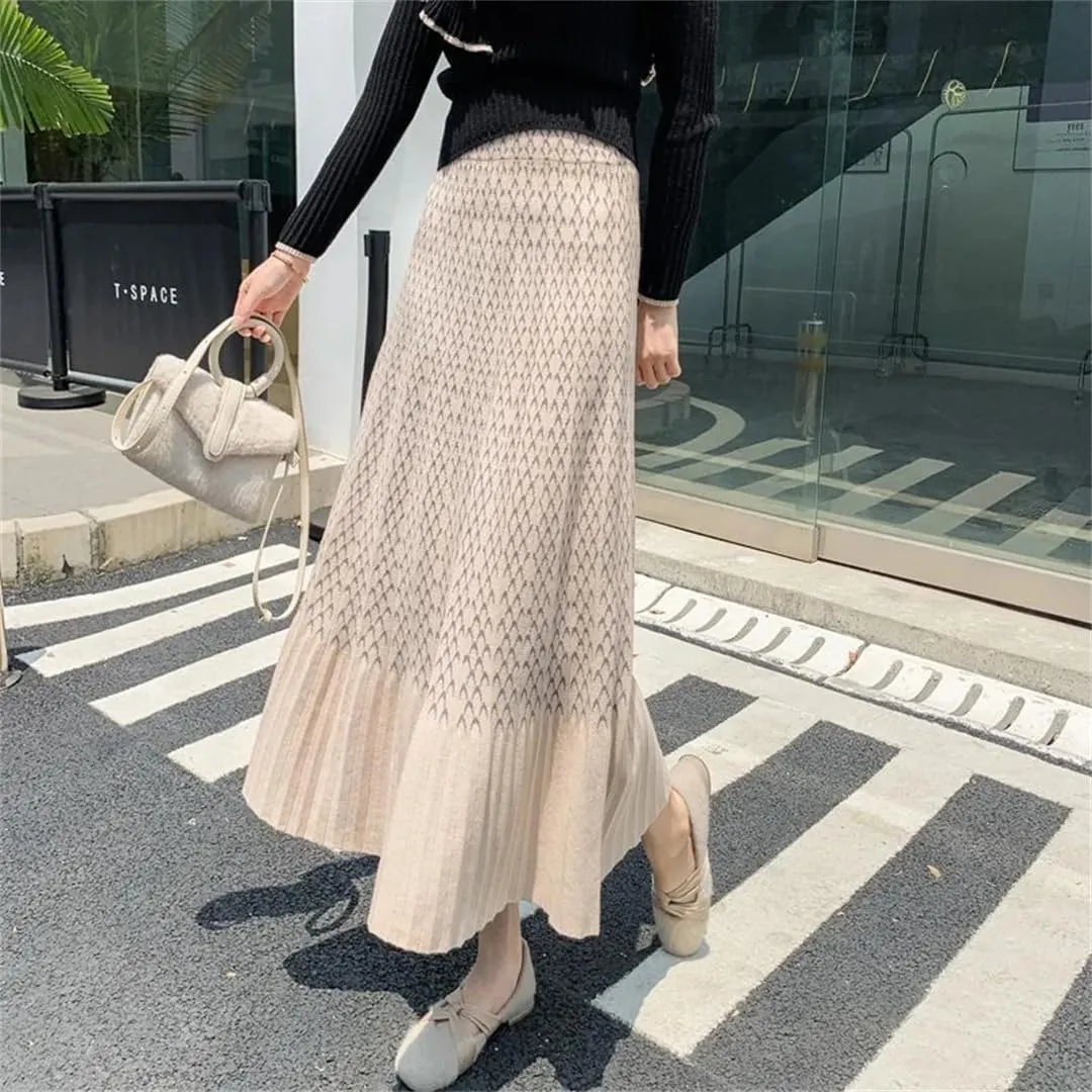 Women High Waist Knitted Midi Skirt Pleated Elegant Plaid Skirts Beige Black