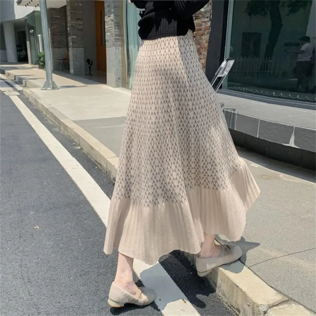 Women High Waist Knitted Midi Skirt Pleated Elegant Plaid Skirts Beige Black