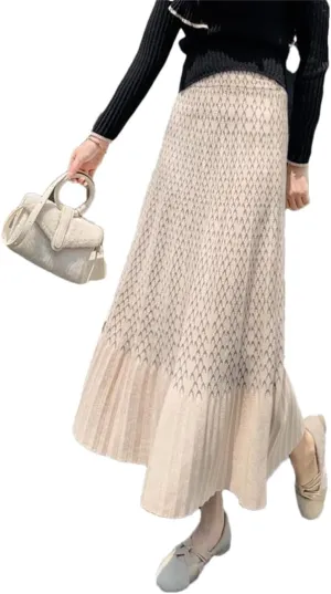 Women High Waist Knitted Midi Skirt Pleated Elegant Plaid Skirts Beige Black