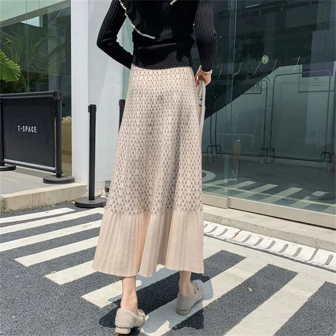 Women High Waist Knitted Midi Skirt Pleated Elegant Plaid Skirts Beige Black