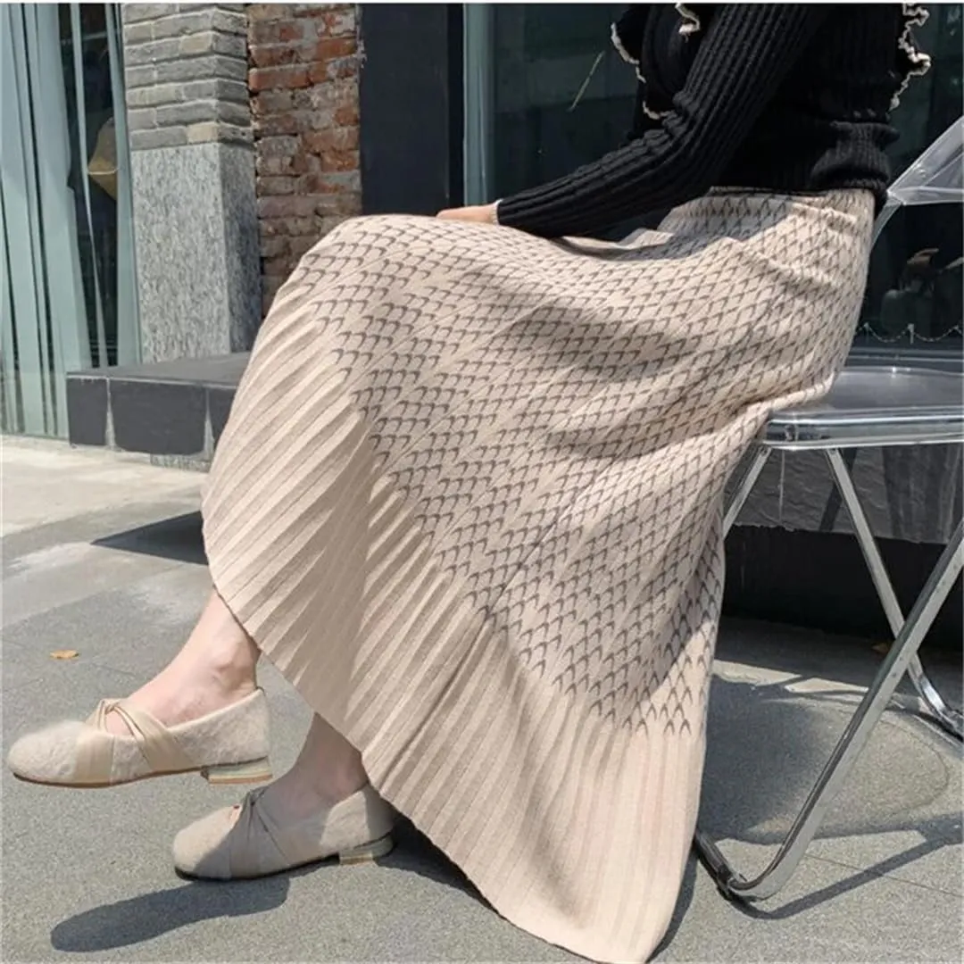 Women High Waist Knitted Midi Skirt Pleated Elegant Plaid Skirts Beige Black