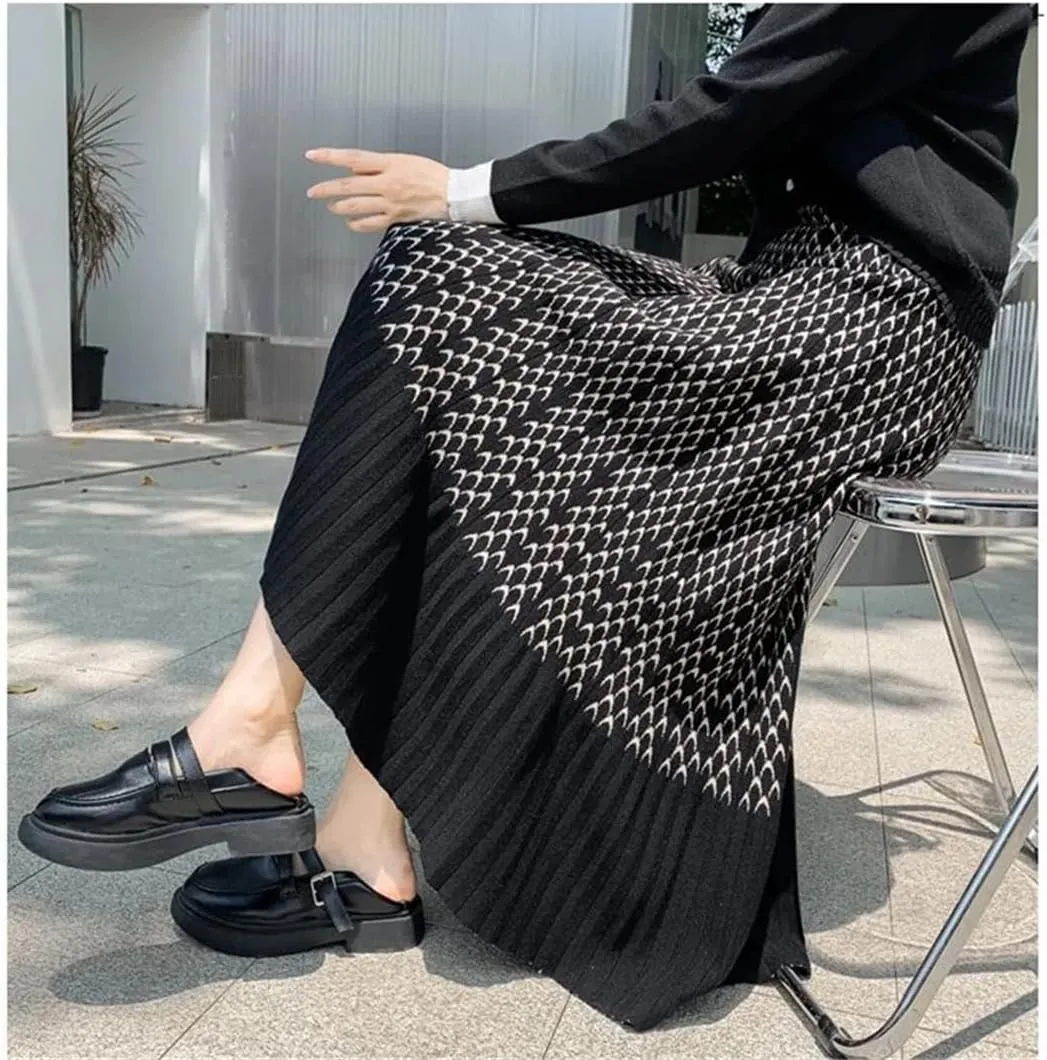 Women High Waist Knitted Midi Skirt Pleated Elegant Plaid Skirts Beige Black
