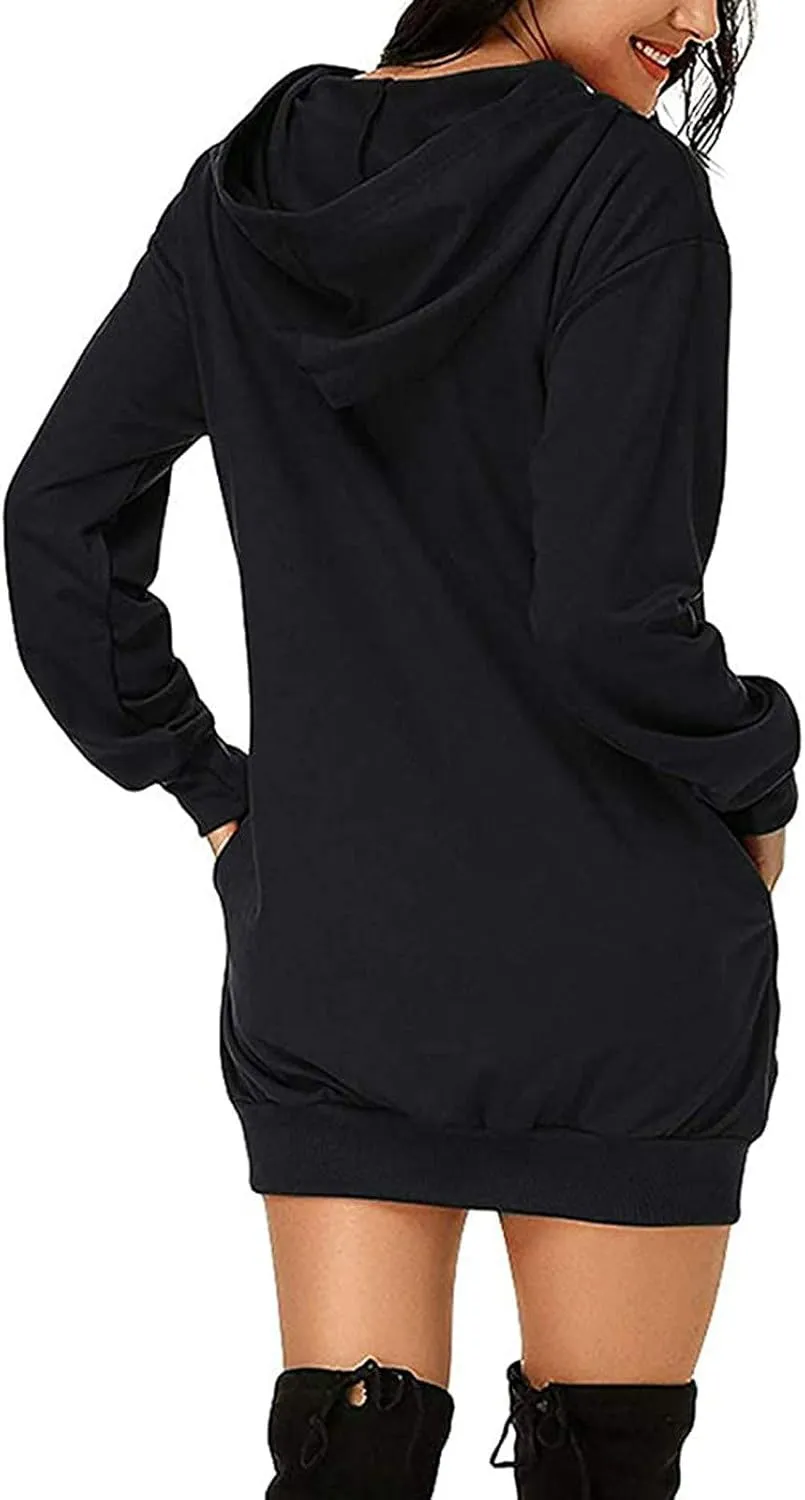 Women Hoodie Dress Solid Sweatshirt Long Sleeve Drawstring Hooded Pullover Winter Trendy Sport Dress with Pockets