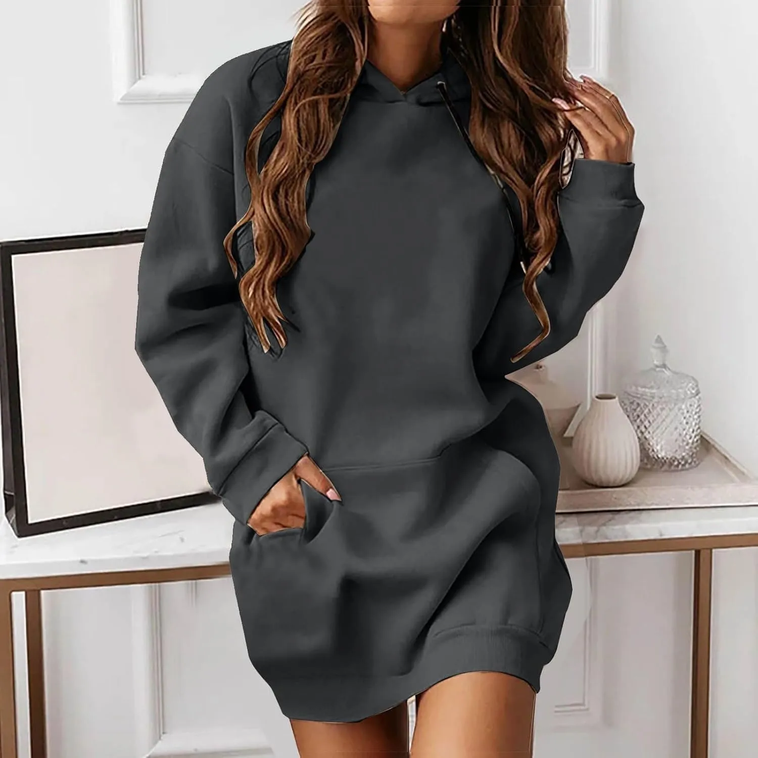 Women Hoodie Dress Solid Sweatshirt Long Sleeve Drawstring Hooded Pullover Winter Trendy Sport Dress with Pockets