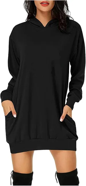 Women Hoodie Dress Solid Sweatshirt Long Sleeve Drawstring Hooded Pullover Winter Trendy Sport Dress with Pockets