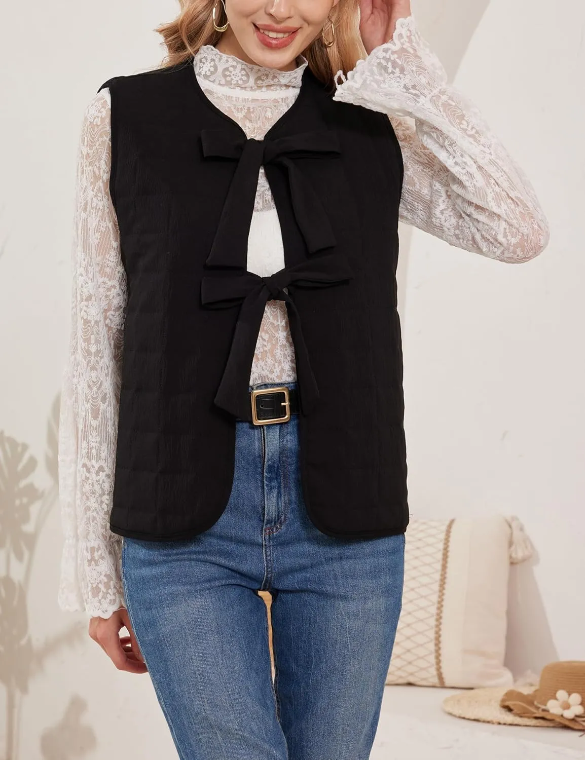 Women Leopard Puffer Vest Floral Print Quilted Jacket Tie Front Sleeveless Padded Gilet