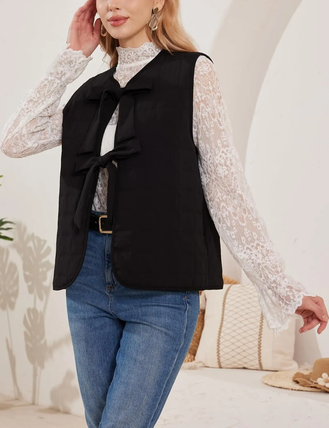 Women Leopard Puffer Vest Floral Print Quilted Jacket Tie Front Sleeveless Padded Gilet