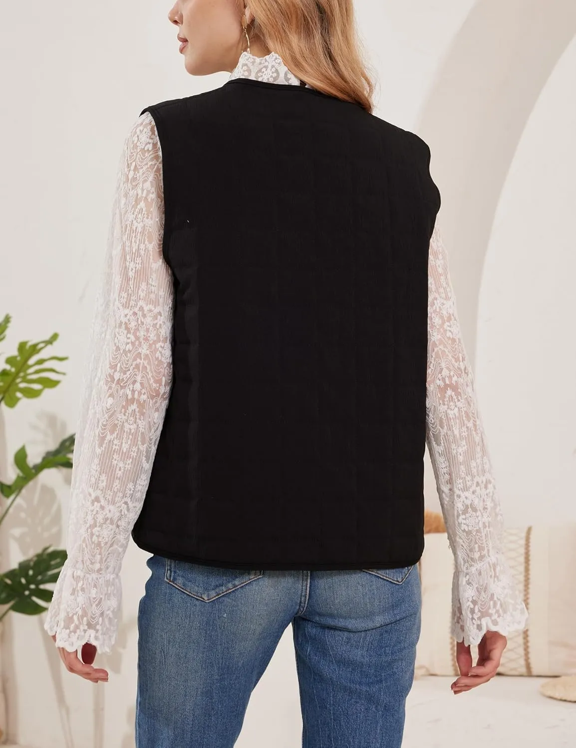 Women Leopard Puffer Vest Floral Print Quilted Jacket Tie Front Sleeveless Padded Gilet