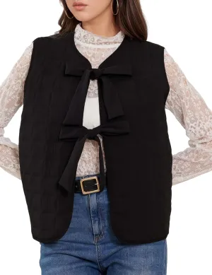 Women Leopard Puffer Vest Floral Print Quilted Jacket Tie Front Sleeveless Padded Gilet