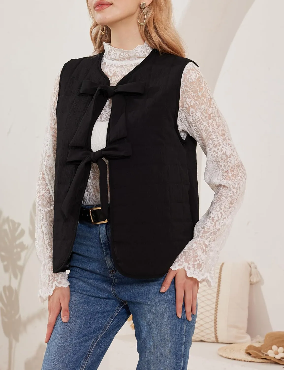 Women Leopard Puffer Vest Floral Print Quilted Jacket Tie Front Sleeveless Padded Gilet